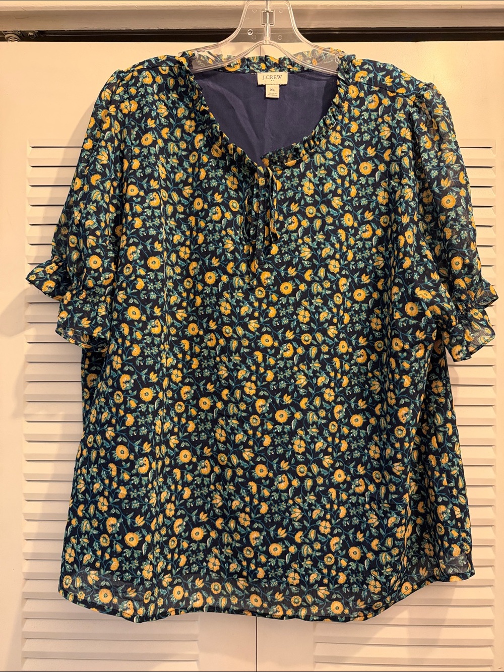 Navy + Yellow Short Sleeve J. Crew Blouse, size XL